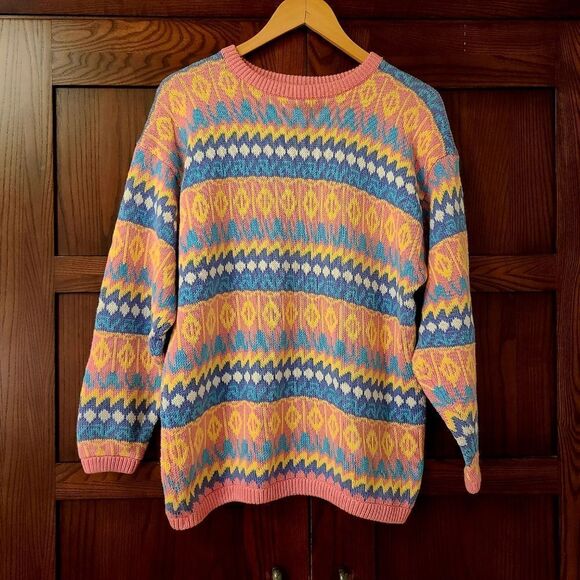 Vintage Sweaters - Vintage Pastel Geometeric Sweater 100% Cotton Brass Plumb Nordstrom